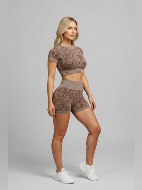 Camo Print Seamless Crop Top High Waisted Short Activewear Set